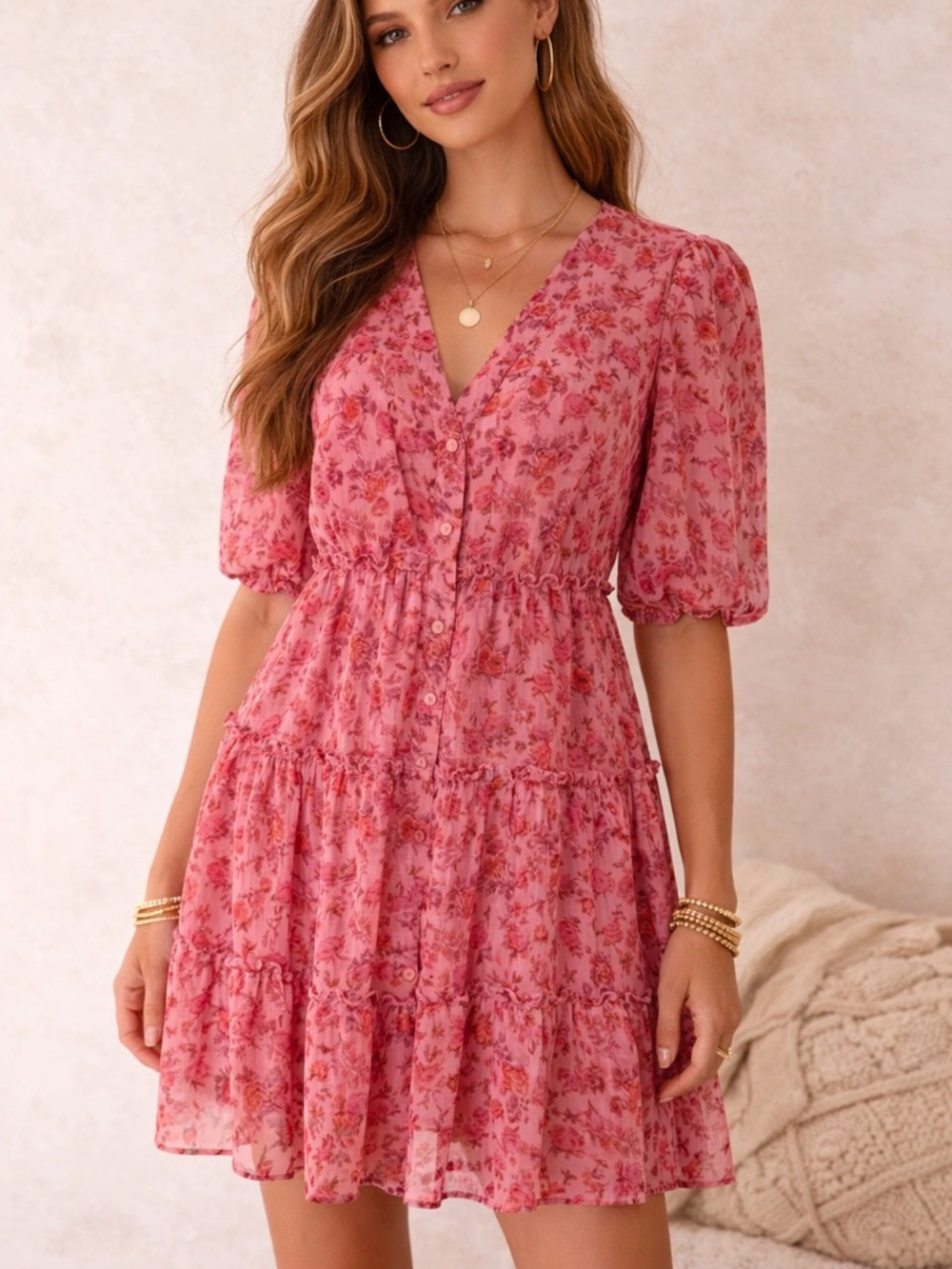 Taylor Pink Floral Ruffle Short Sleeve V neck Button Up Mini Dress size 4 - Picture 1 of 8